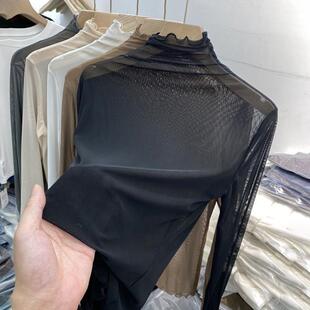 春黑色高领薄纱蕾丝衫上衣女夏秋大码性感内搭打底衣叠穿长0204rd