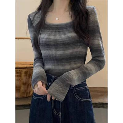秋冬季感条纹方领短款上衣女长袖装甜辣修身内搭打底针织衫1206n