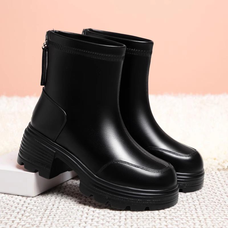 靴子女2025新款爆款坡跟中年妈妈鞋鞋短靴加绒中老年大码皮1102h