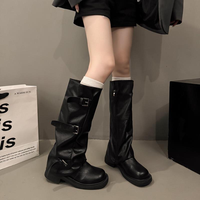 秋冬季覆古皮带扣厚底长筒靴女2025新款骑士靴堆堆靴褶皱裤1031n