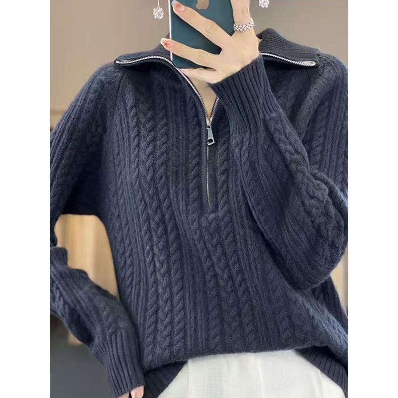 老钱风扭花高领加厚针织衫女秋冬新款拉炼宽松外穿打底上衣1126h