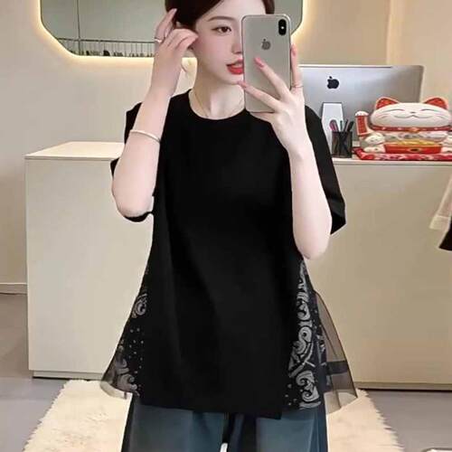 短袖大码女装假两件网纱拼接T恤女2026夏装韩版胖mm宽松减龄0625d