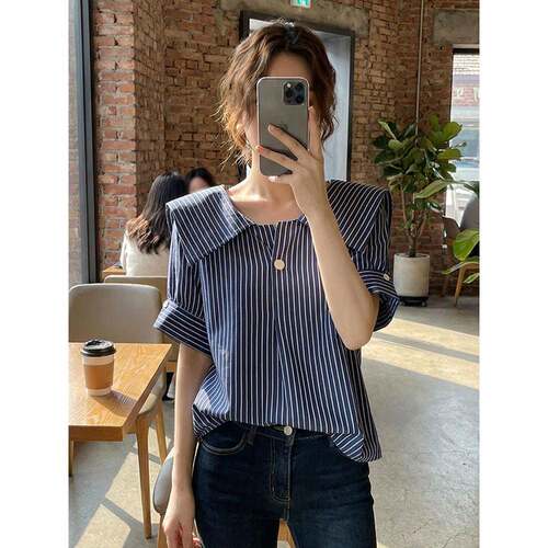 短袖小众感条纹撞色衬衫女夏装大码胖MM宽松显瘦休闲百搭上0625d