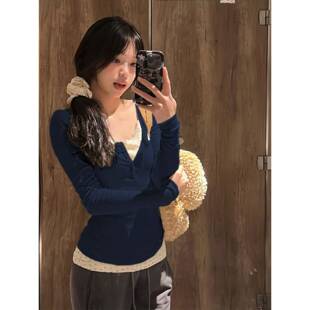 芭蕾风碎花假两件内搭打底衫女春修身纯欲bm风别致绝美正0208r