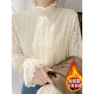 高端百搭上1219e 洋气内搭小衫 高领磨毛加绒蕾丝打底衫 女秋冬新款