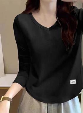 时尚黑色V领长袖t恤女春季韩版宽松显瘦大码下摆圆弧打底衫0110h
