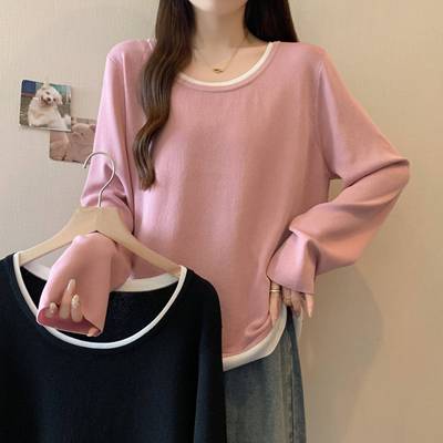 秋冬季大码撞色圆领假两件针织衫打底内搭胖mm遮肉宽松显瘦1120n