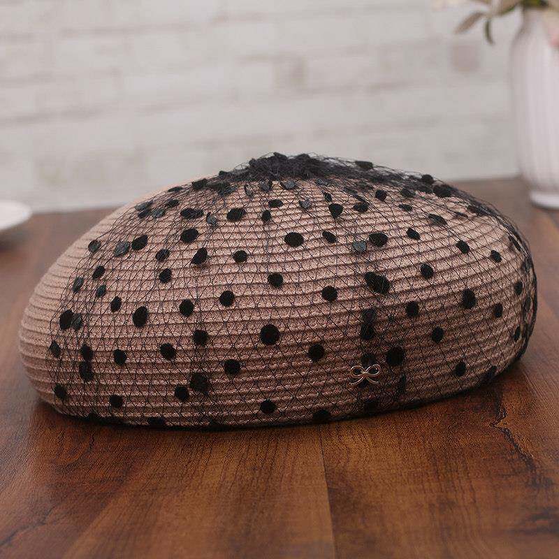 日系辫仿草贝雷帽子女春秋保暖画家帽时尚波点网纱空姐蓓蕾0228e