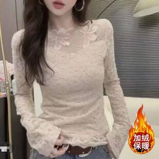 v领韩版 蕾丝t恤洋气新款 女长袖 打底衫 显瘦加绒0325z1 时尚 修身 春季