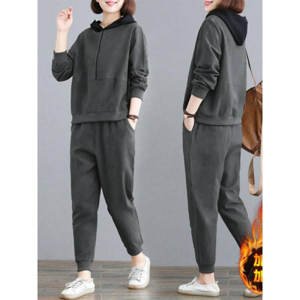 秋冬新款大码女装加绒加厚休闲居家外穿运动服长袖卫衣两件1105e