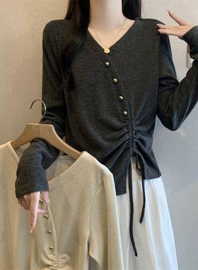 春秋大码女装感V领长袖T恤针织胖mm遮肚显瘦不规则抽绳打1230n
