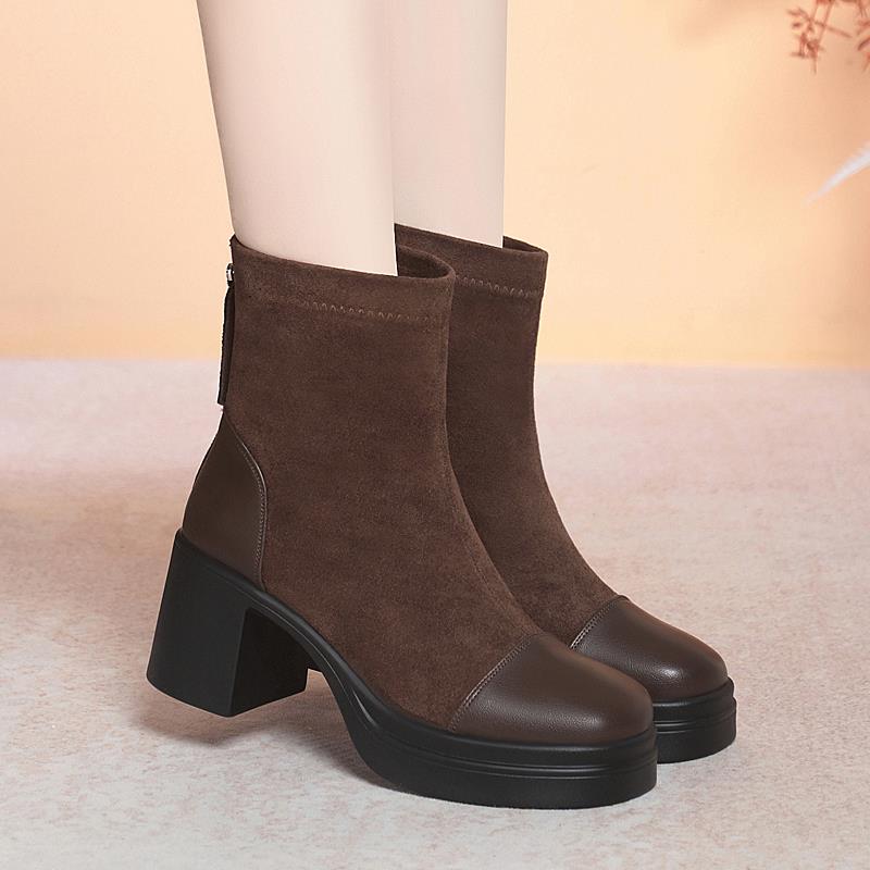 靴子女2025新款爆款厚底短靴绒面加绒马丁靴瘦瘦靴圆头粗跟1102h