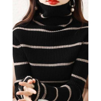 秋冬女打底衫洋气新款修身条纹针织衫高领内搭打底堆堆领毛1221k1