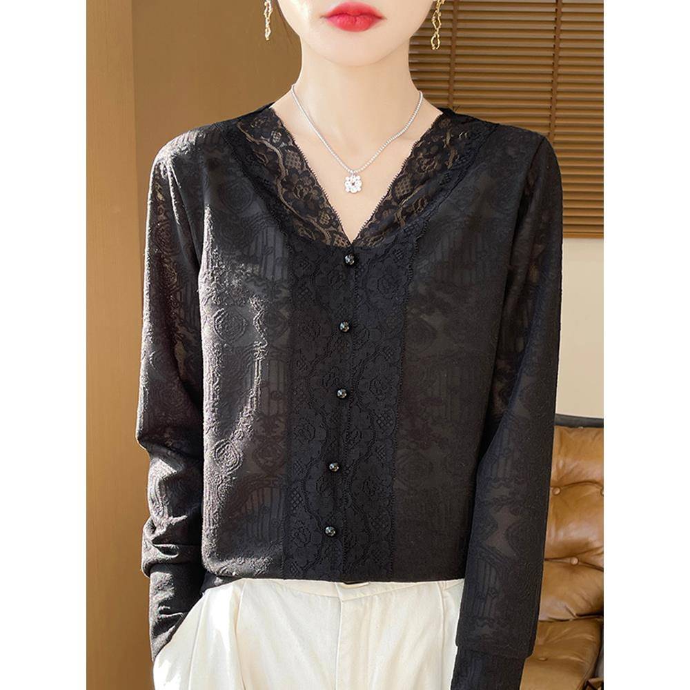 秋冬早秋蕾丝V领针织打底衫女2025新款秋内搭上衣洋气大码女1201u