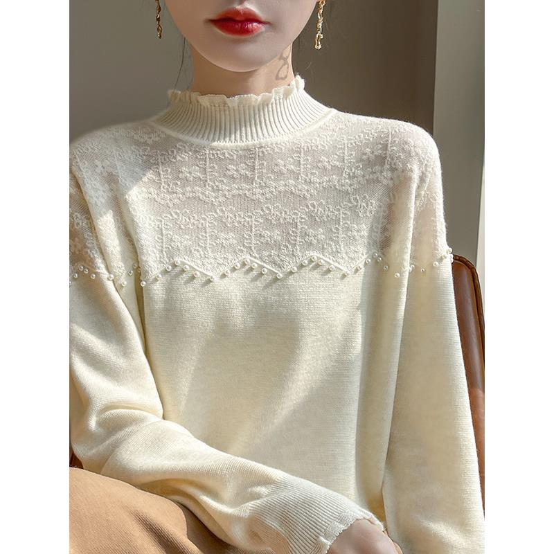 甜美木耳花边高领蕾丝钩花针织衫女25秋冬新款宽松长袖打底1202h