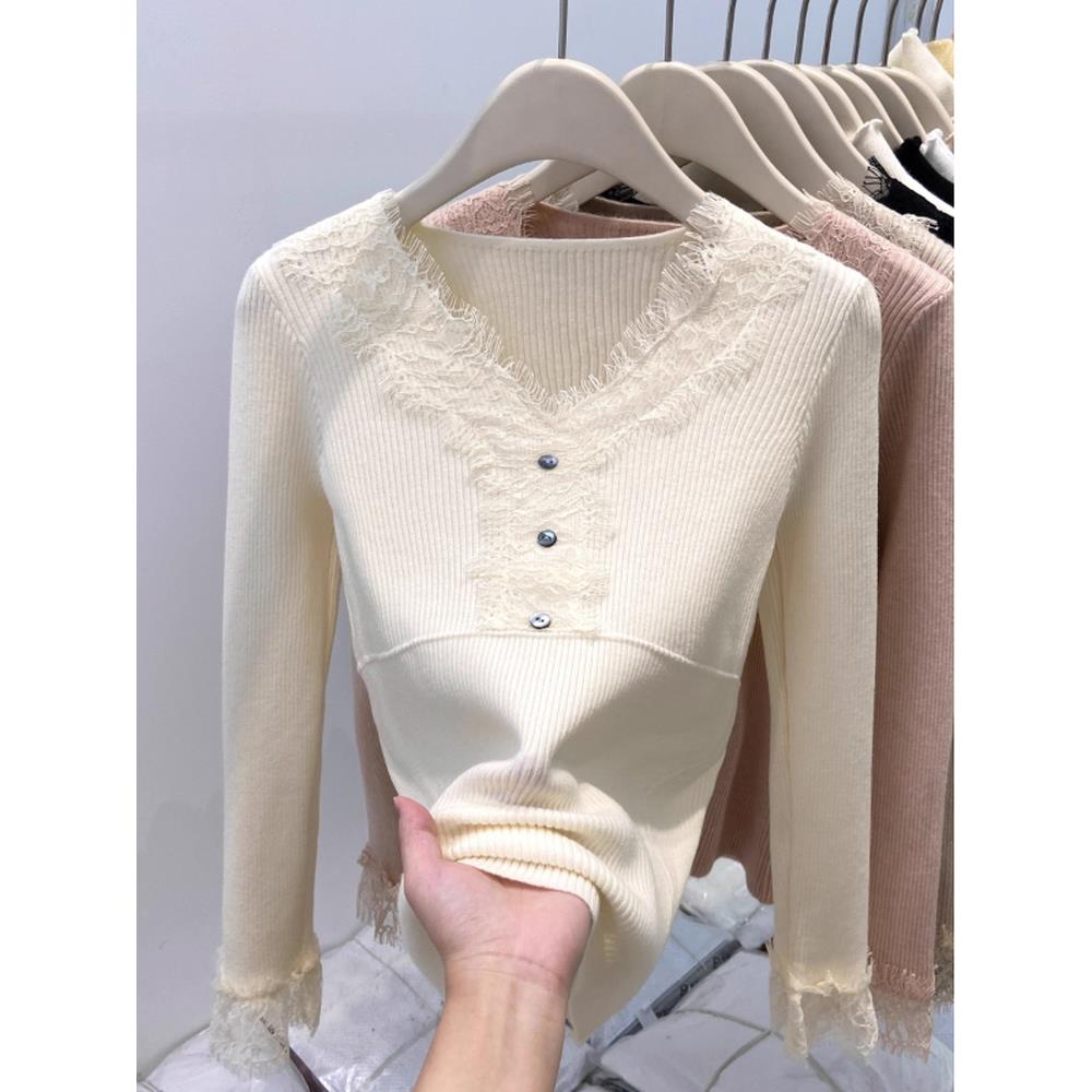 蕾丝拼接V领针织衫女2025秋季新款爆款小衫修身内搭毛衣打底1120h