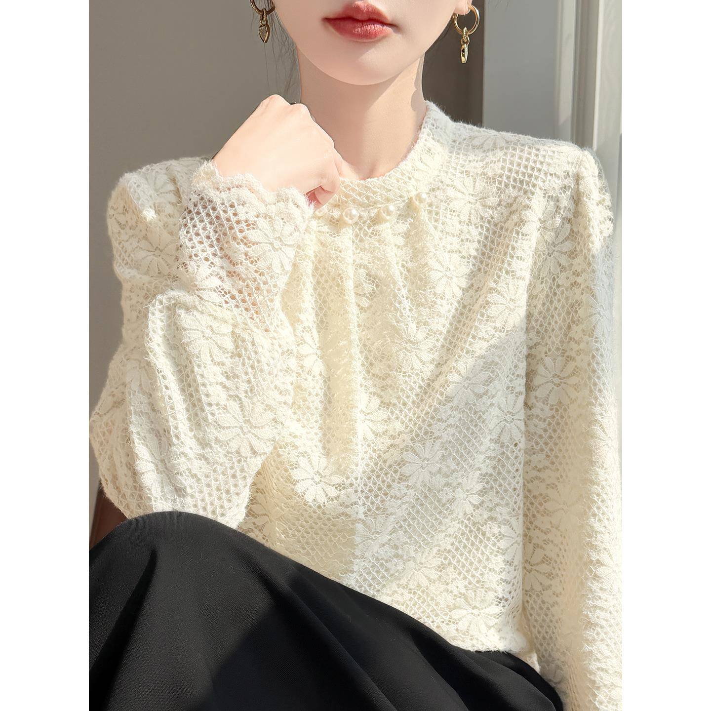 时尚秋冬新款洋气珍珠圆领加厚针织毛衫女蕾丝减龄打底衫保1206h