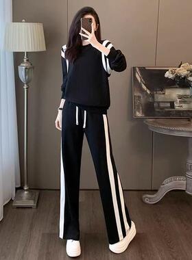 黑色运动休闲套装女秋季2025新款宽松洋气减龄网红卫衣卫裤1105e