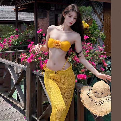 泳衣绝美比基尼女2026新款黄色两件式三件套长裙海岛度假风0710d