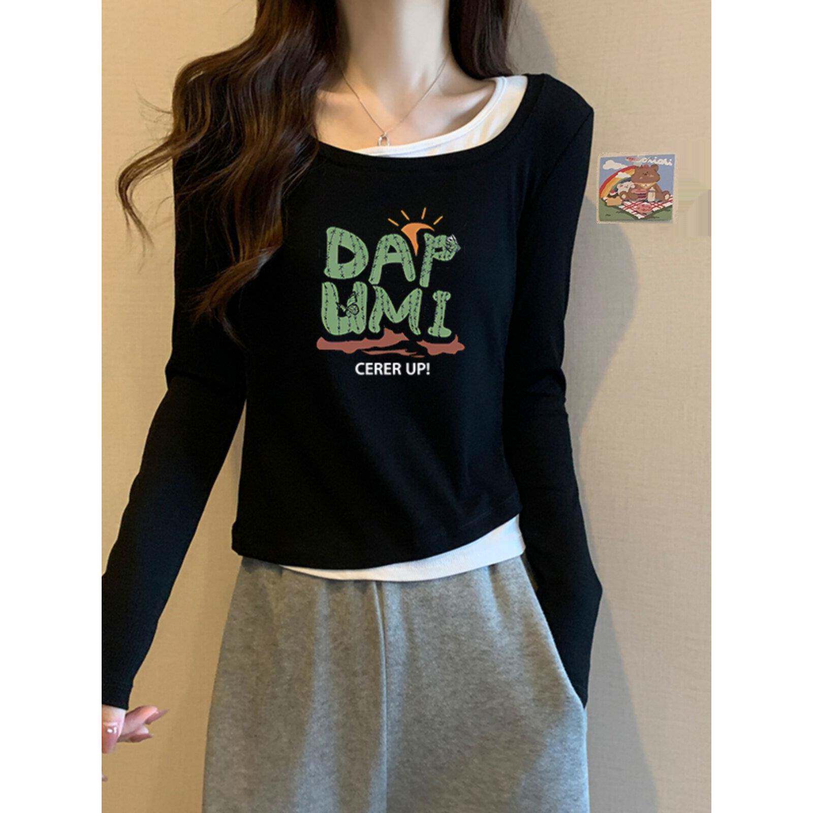 春夏春新款仙人掌印花修身长袖短款假两件打底衫女双层领T0210ed