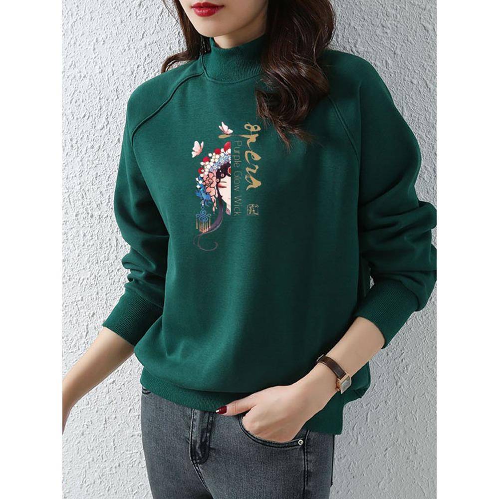 风卫衣女时尚高领加绒加厚脸谱印花上衣宽松套头百搭外套潮1105e