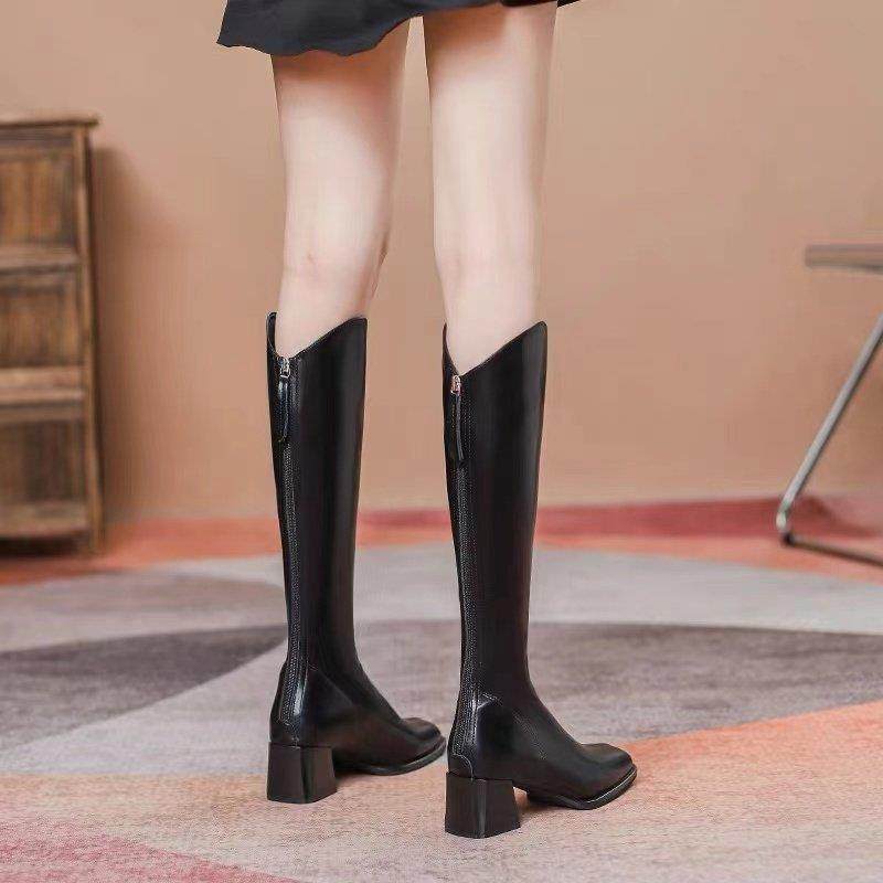 女式v口靴2026春优雅方头厚跟修身靴黑色小长骑士靴0115e,女鞋,时装靴,淘宝优惠券,粉丝福利购,淘宝优惠卷