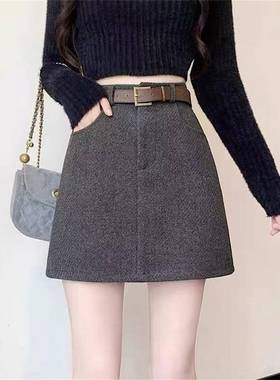 春秋季2026新款短款A字毛呢半身裙女韩版高腰显瘦包臀裙时尚0108n