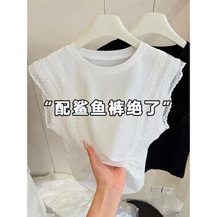 法式蕾丝花边拼接无袖T恤女2026夏季新款设计感休闲百搭纯色0204r