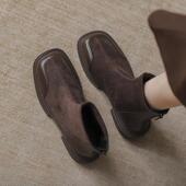 春季 切西短靴女2026年秋冬新款 短靴方头平底绒面瘦瘦靴马0128ed