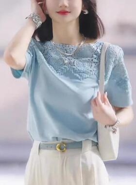 高级感气质蓝色蕾丝拼接设计别致短袖T恤女2026夏季新款简0203r1