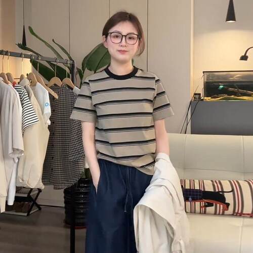 漂亮韩系撞色条纹圆领短袖T恤女夏季新款宽松感休闲百搭减龄0625k