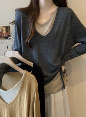 春秋大码微胖感假两件V领长袖T恤针织衫胖mm宽松显瘦遮肚1230n