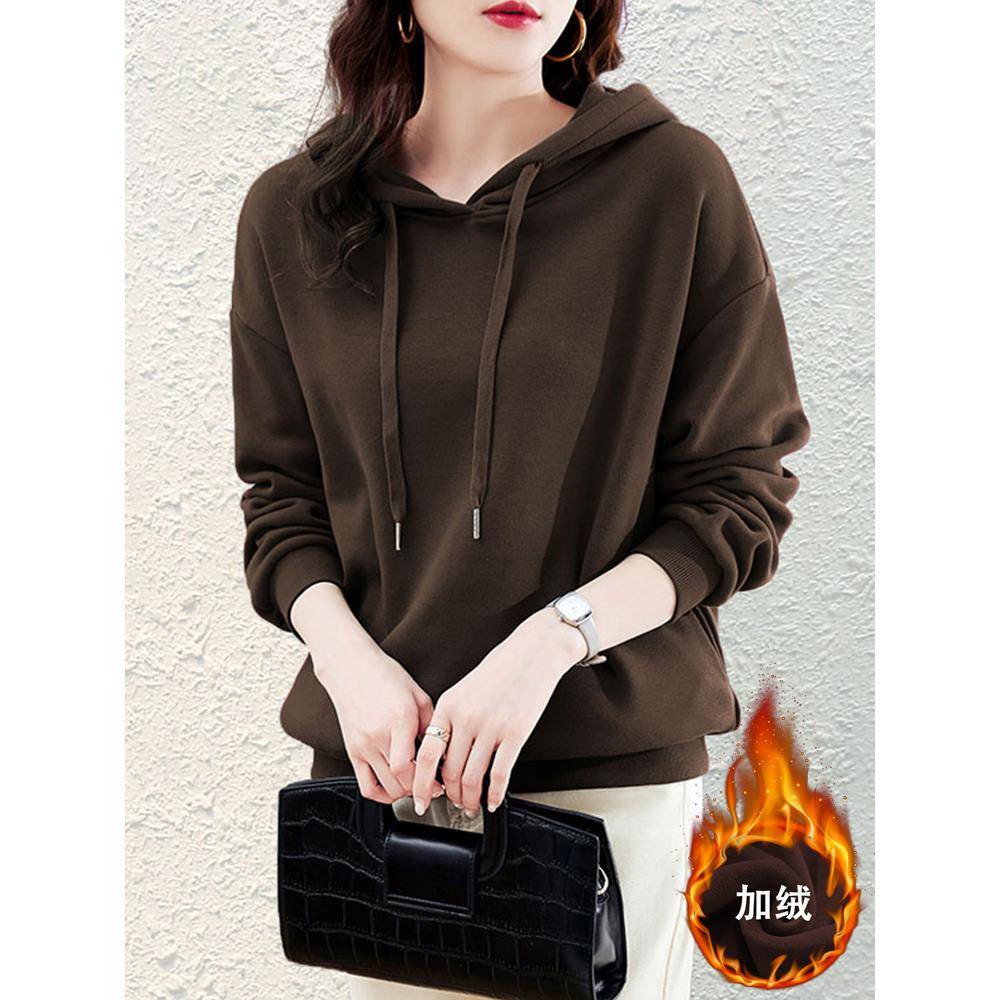 秋冬连帽卫衣女新款韩版洋气咖色加绒加厚保暖外套休闲宽松1105e
