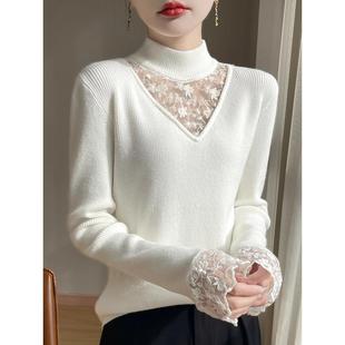针织1219e 长袖 蕾丝拼接高领打底女内搭洋气2025冬季 外穿毛衣修身