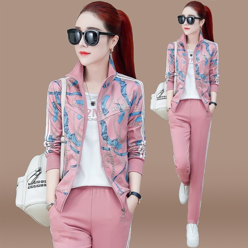 运动休闲套装女2026春秋新款时尚大码印花跑步服长袖三件套显瘦