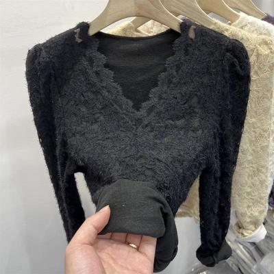 法式黑色V领磨毛加厚蕾丝衫女秋冬胖洋气内搭加绒打底衫上衣1203e
