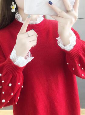 2025新时尚宽松懒散串珠红毛衣女式冬季天加厚内针织底裤西1122h