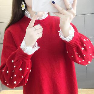 2025新时尚宽松懒散串珠红毛衣女式冬季天加厚内针织底裤西1122h