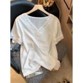 新款 覆古刺绣钩花蕾丝V领短袖 T恤女2026夏季 宽松休闲百搭纯0202r