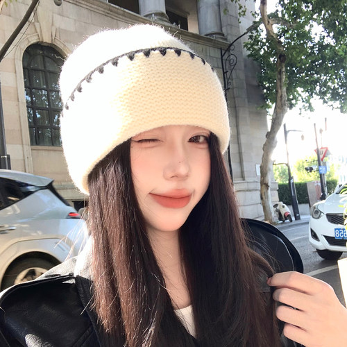 保暖帽子锁边白色毛线帽女秋冬季韩系加厚休闲百搭针织冷帽1008e