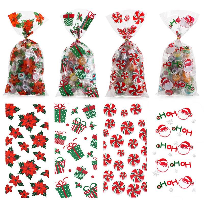 50Pcs Xmas Cookie Packing Bags Christmas Cellophane Party Ba