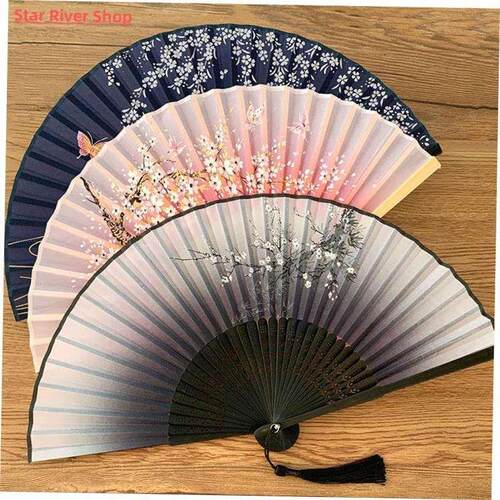 Vintage Silk Folding Fan Retro Chinese Japanese Bamboo Hand