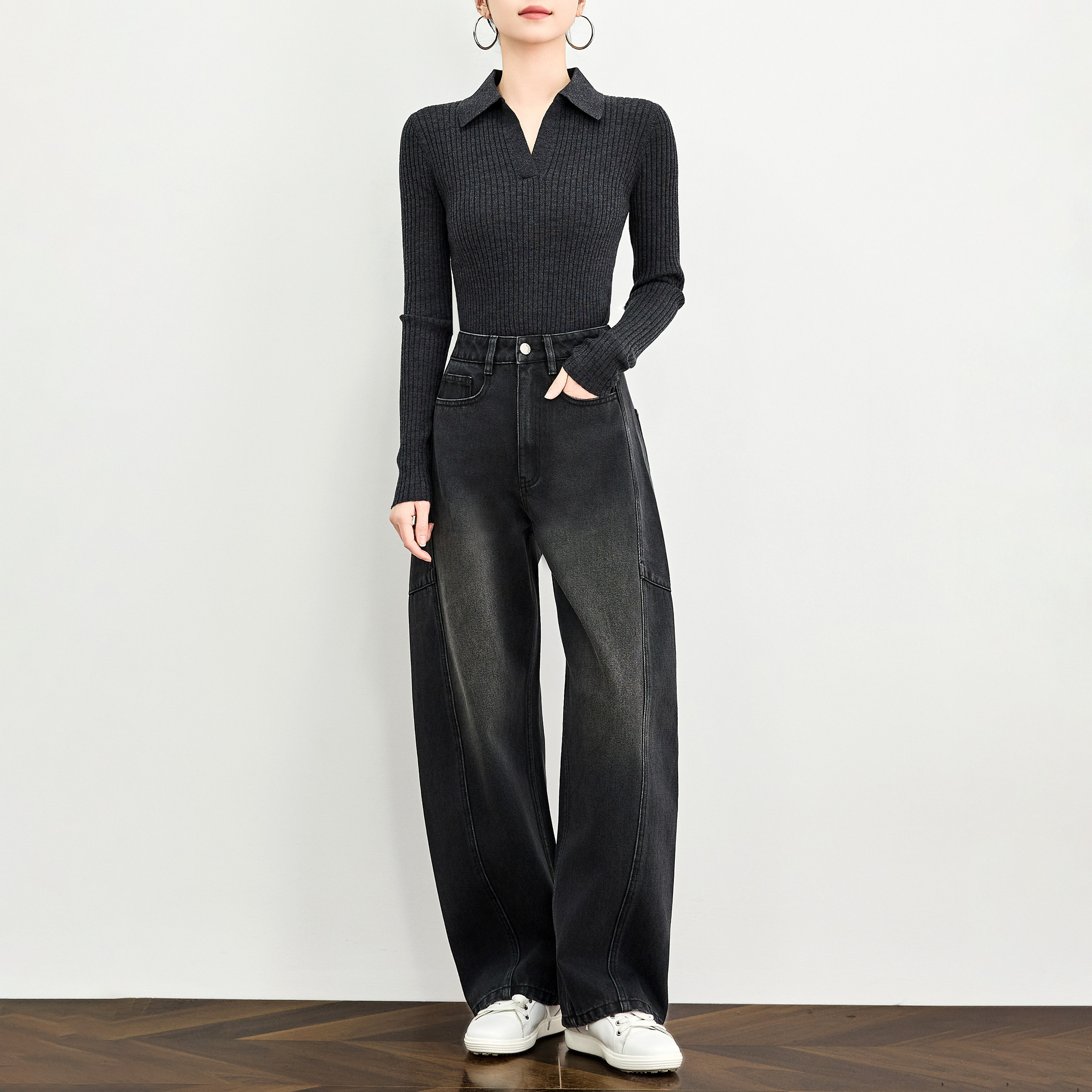 奕兮复古高腰弯刀裤女宽松显瘦黑色阔腿牛仔裤小个子显高休闲裤春,女装/女士精品,牛仔裤,淘宝优惠券,粉丝福利购,淘宝优惠卷