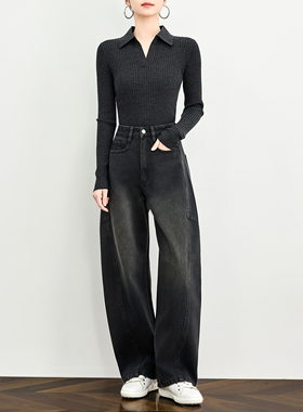 奕兮复古高腰弯刀裤女宽松显瘦黑色阔腿牛仔裤小个子显高休闲裤春