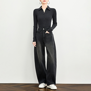 春 小个子显高休闲裤 奕兮复古高腰弯刀裤 女宽松显瘦黑色阔腿牛仔裤