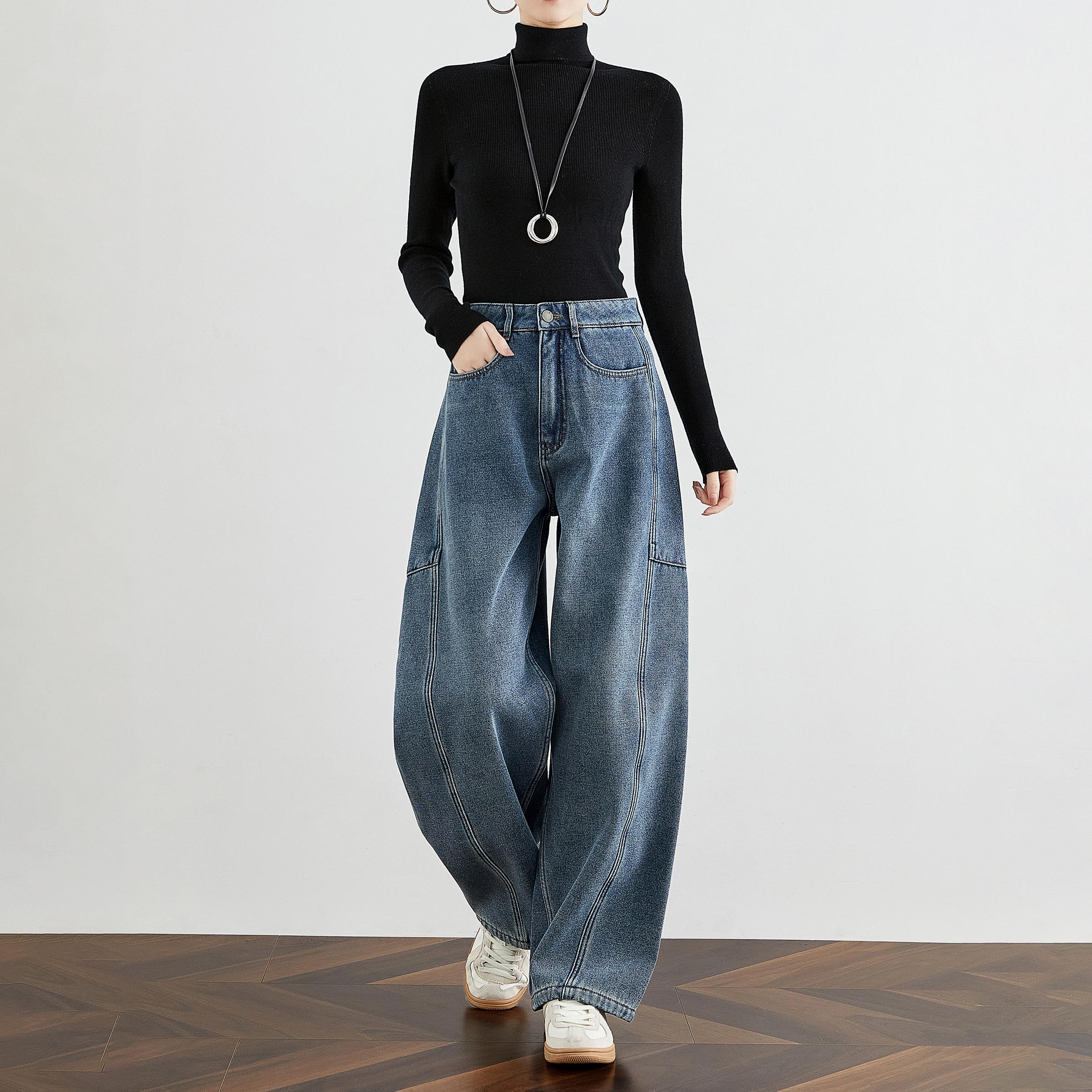 美式复古高腰阔腿牛仔裤