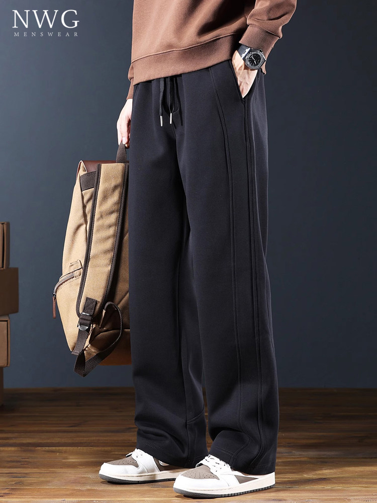 卫裤男潮牌秋冬款加绒加厚垂感宽松直筒拼接运动裤子保暖休闲长裤