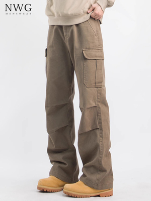 卡其色水洗工装裤男秋冬季2025新款美式覆古宽松直筒伞兵阔腿裤子