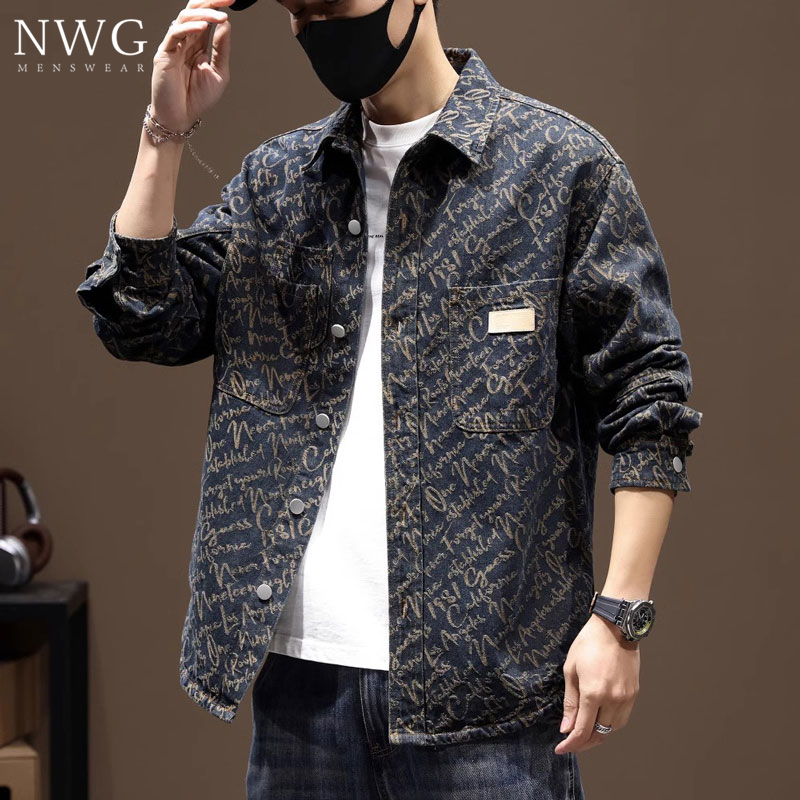 高端牛仔外套男潮牌春秋季2024新款复古水洗提花翻领衬衫休闲衬衣