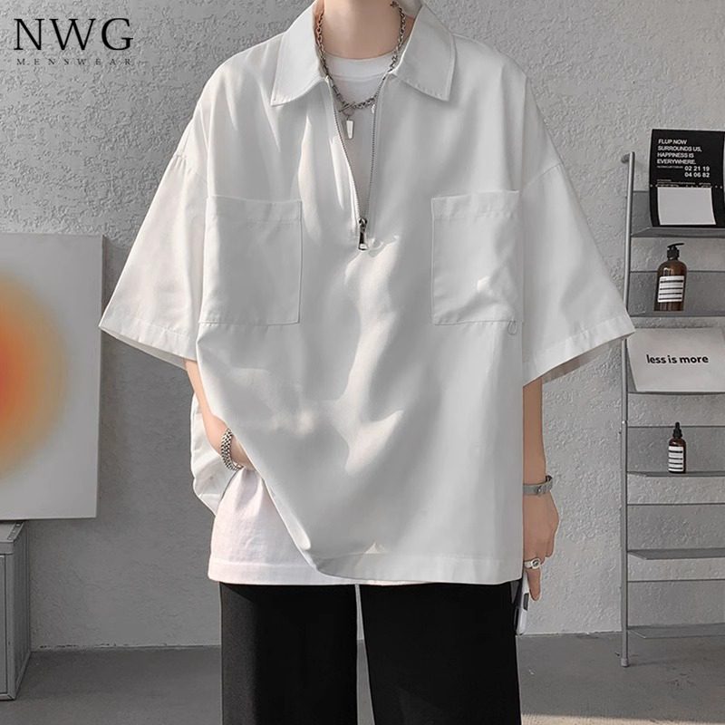 白色短袖POLO衫男夏季薄款痞帅宽松半拉链工装半袖T恤休闲七分袖